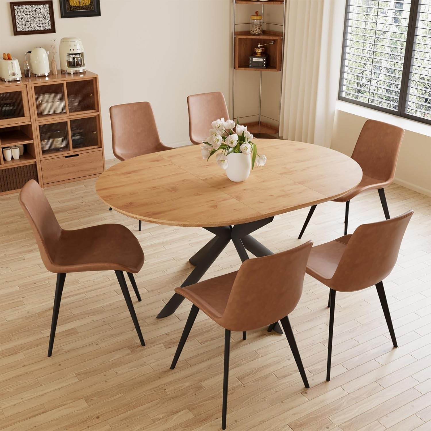 43.2"-59.1" Extendable round Dining Table Set, Mid Century Wooden round Kitchen Table, Oak Coffee Table for 4-6 Person,Pu Leather Chair