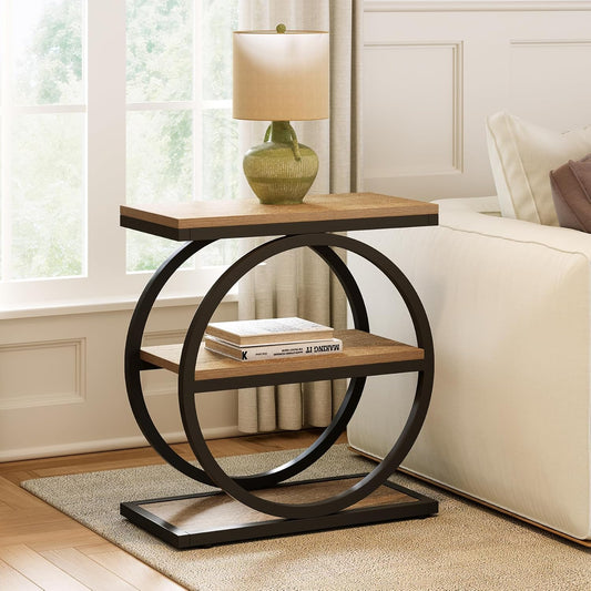 3-Tier End Table, Side Table with Storage Shelves, Small Sofa Side Table for Living Room, Wooden Side End Table with Double round Metal Legs, Slim Nightstand and Bedside Table, Oak