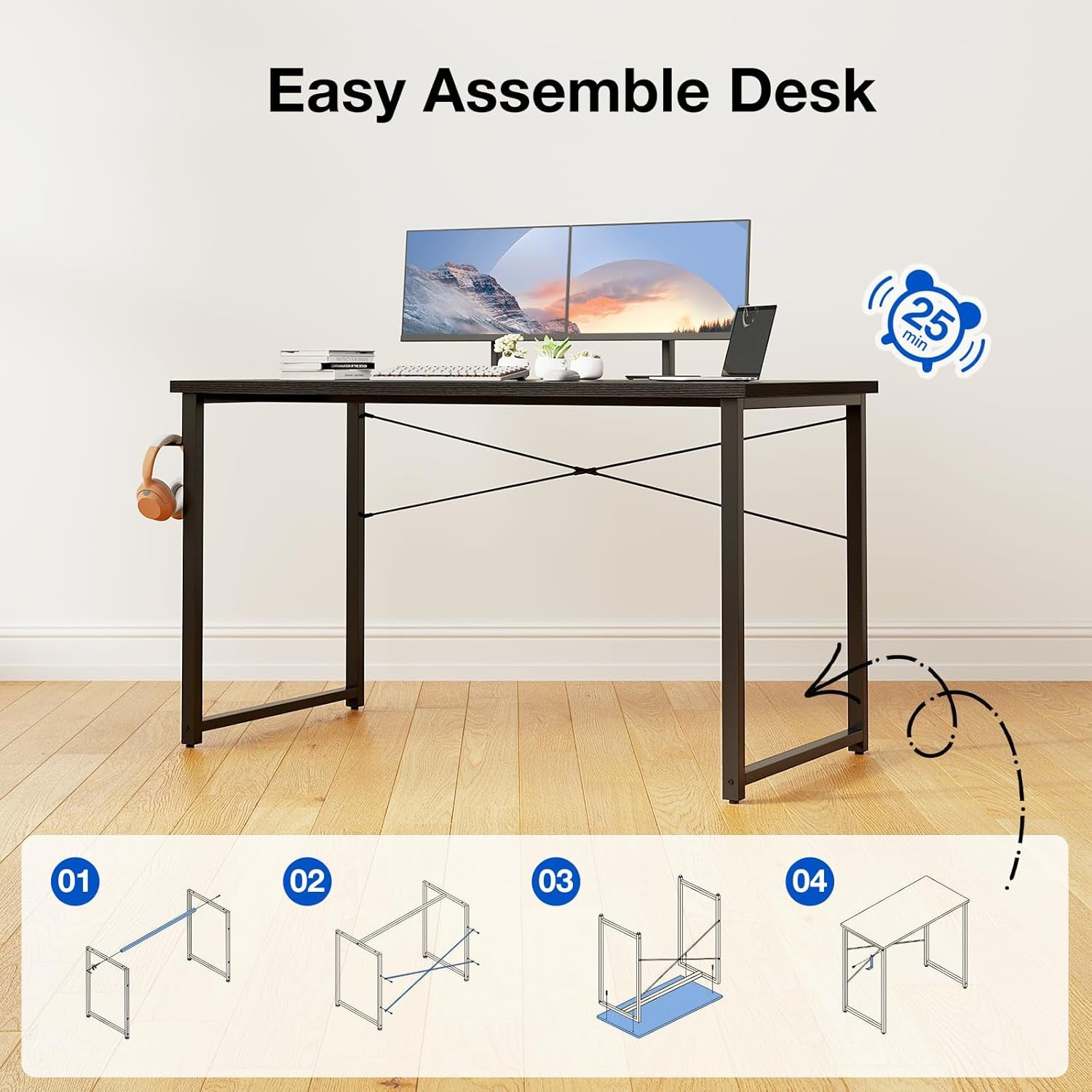 48 Inches Computer Desk for Small Spaces, Study Table for Home Office, Writing Desk with Headphone Hooks, Black
