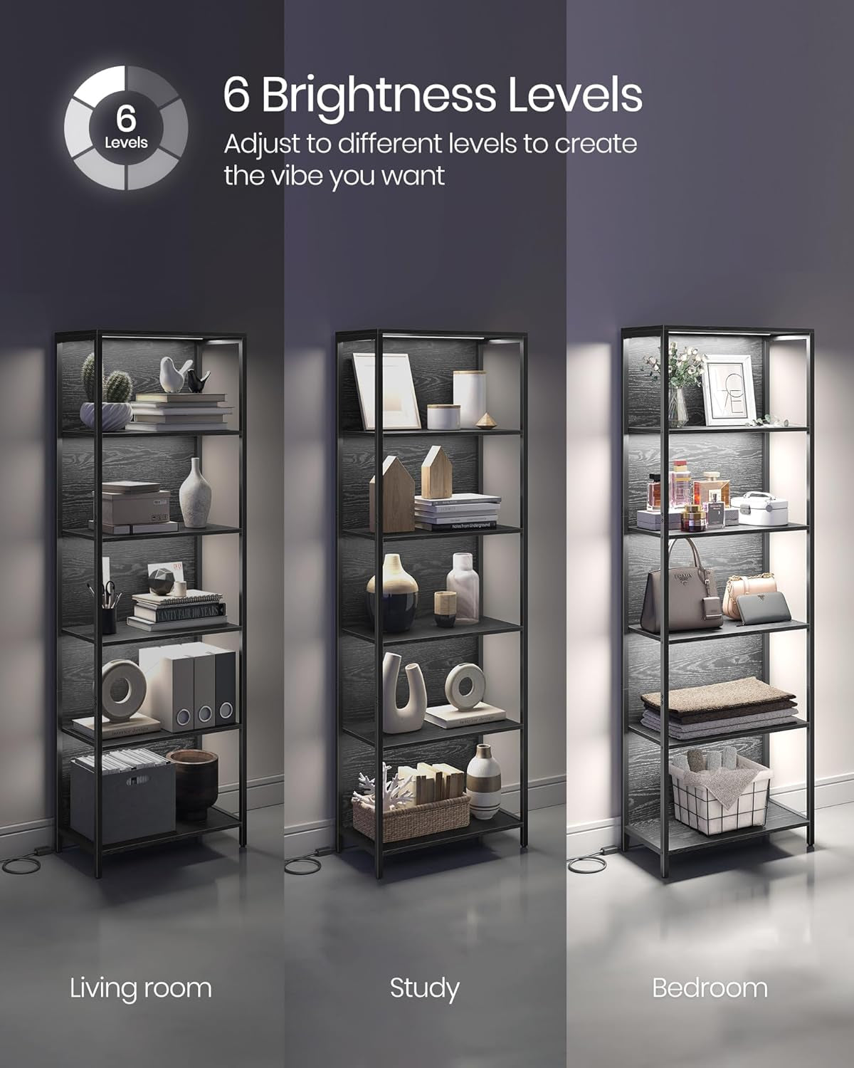 6-Tier LED Bookshelf, Display Shelf with Dimmable Lights, LED Bookcase with Steel Frame, 11.9 X 15.7 X 70.3 Inches, for Living Room, Bedroom, Office, Black with Wood Grain ULLS121B56