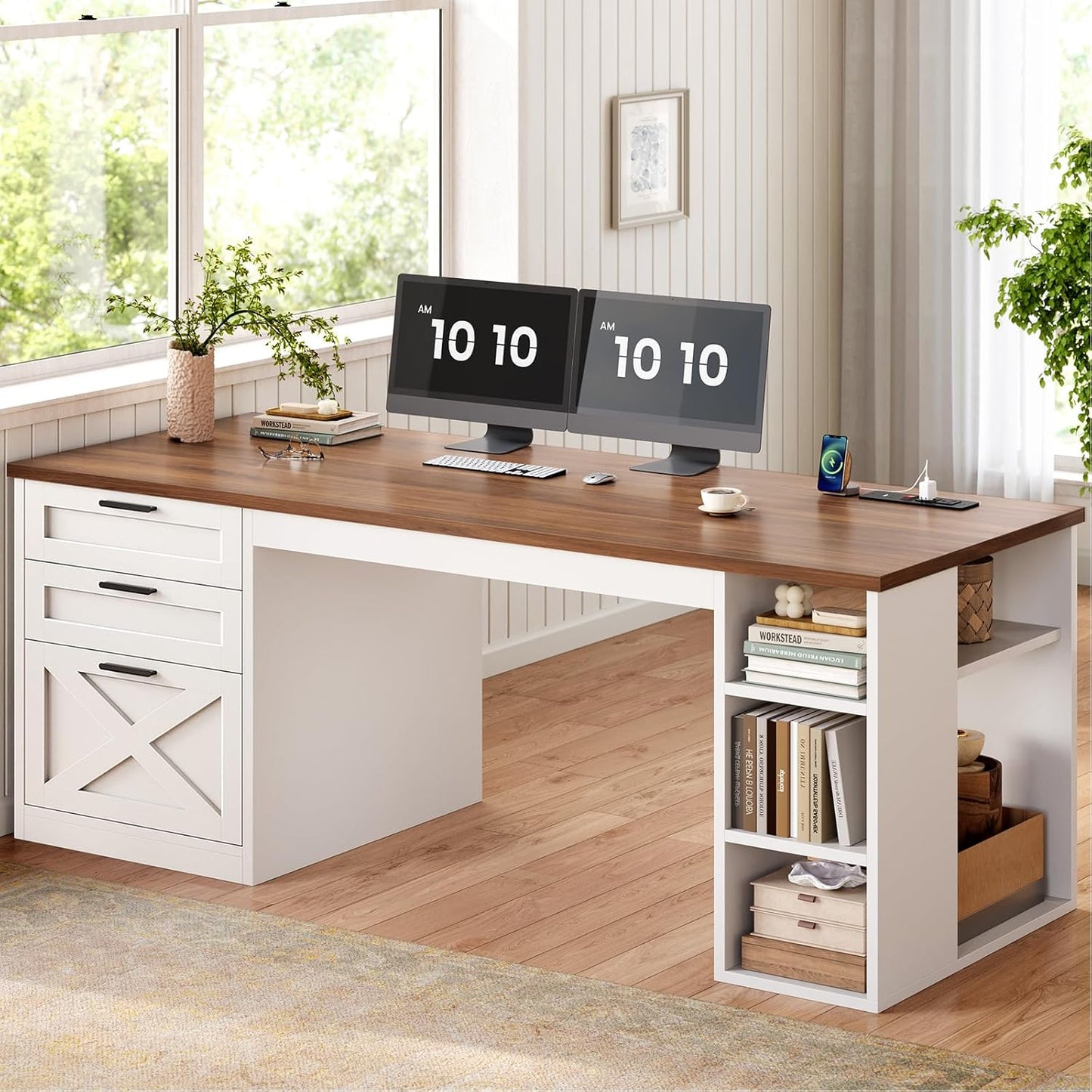 55.1" Farmhouse Office Desk with 3 Drawers, Executive Desk with File Drawer & Storage Shelves, Computer Desk with Power Outlet for Home Office, White and Brown
