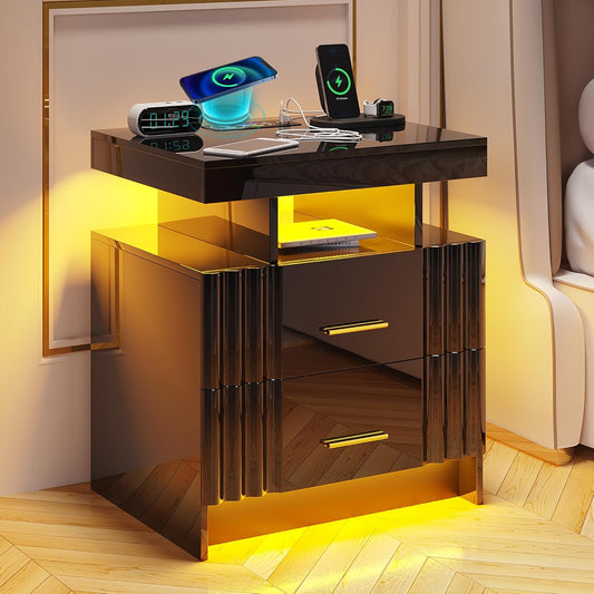 Nightstand Set of 2 with Charging Station, Black LED Night Stand with 3 Drawers, High Gloss Bedside Table with Auto Sensor 24-Color Light/Wireless/Type-C/Usb Charging for Bedroom