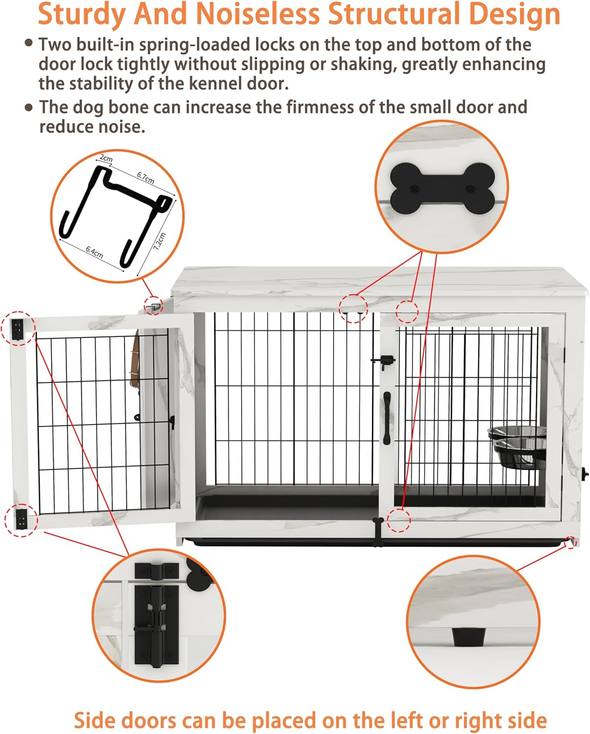 Wooden Dog Crate Furniture with 360°Rotatable Removable Dog Bowls, Dog Crate End Table with Tray, Double Doors Dog Kennels for Dogs(Xl:43.2" L*28.6" W*30.3" H, Marble White)