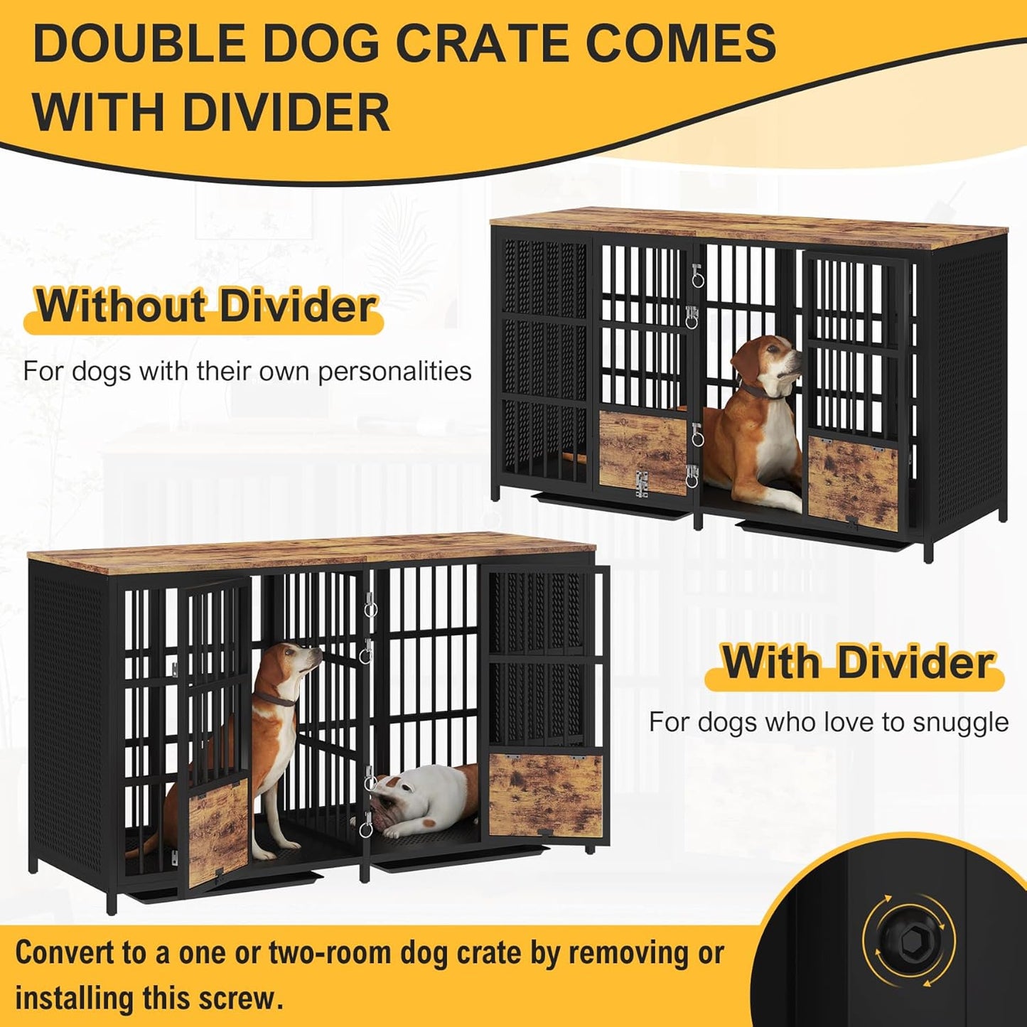 Large Dog Crate Furniture, 63 Inch Heavy Duty Double Dog Crate with Divider, Extra Large Dog Kennel Furniture with Removable Trays for Medium Large Dogs