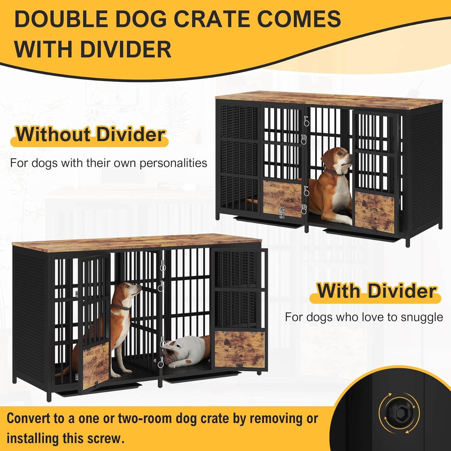 44 Inch Heavy Duty Dog Crate Furniture with 3 Doors, Dog Kennel with 360° Stainless Steel Bowls, Lockable Wheels, Wood Dog Cage End Table with Led Light, Pet Crate Dog Cage for Large/Medium/Small Dogs