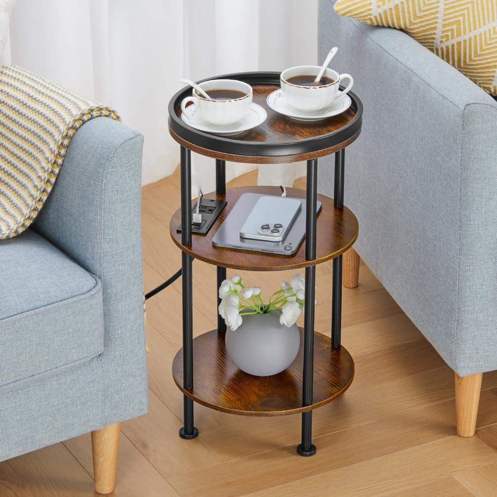Small round Side Table with Charging Station for Small Spaces, 3-Tier round Accent Table with USB Ports & Power Outlets, Corner Table Sofa End Table for Living Room Bedroom (USB Charger, Rustic Brown)
