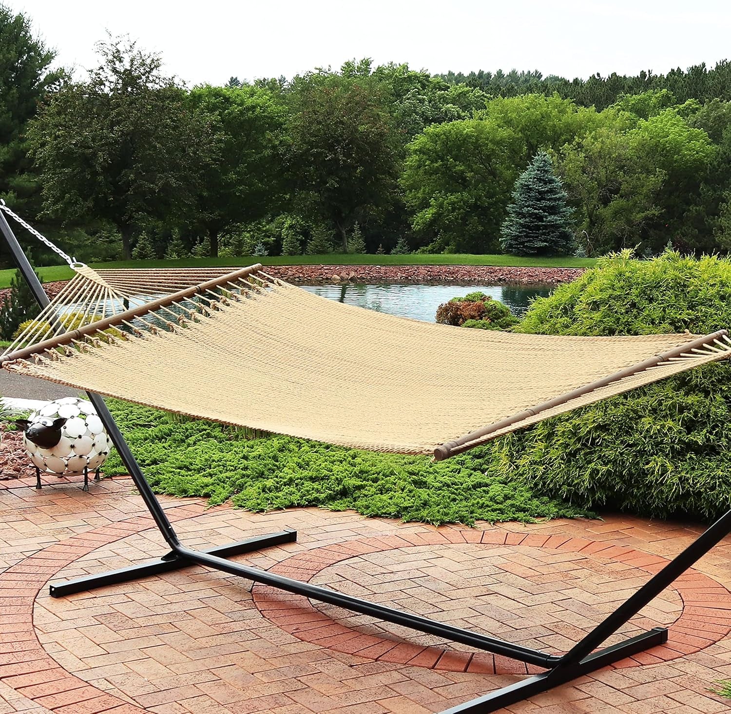 Sunnydaze Soft-Spun Polyester Rope Double Hammock for outside - 600-Pound Weight Capacity Extra Large Hammock - Tan