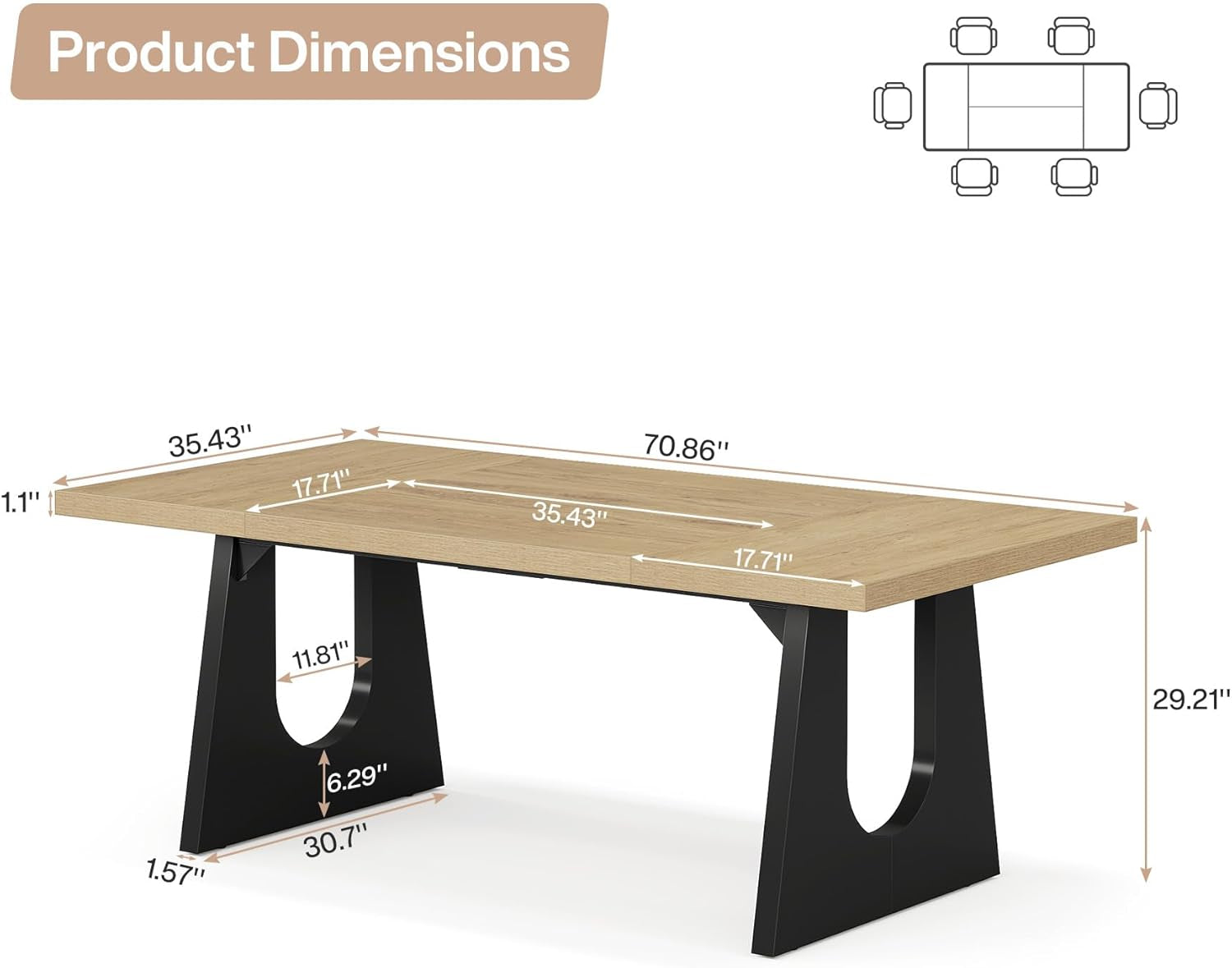Large Dining Table for 6-8 People, 70.9-Inch Wood Rustic Rectangular Table with Black Wooden Legs, Farmhouse Center Kitchen Table for Dining Room, Living Room, Home Furniture, Oak and Black