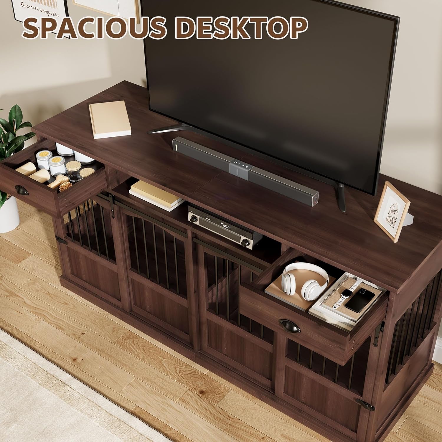 70.86" Double Dog Crate Furniture with Storage for 2 Medium Large Dogs Farmhouse Wooden Dog Kennel Furniture with 2 Sliding Doors Divider & Power Outlets Decorative Dog Cage TV Stand Brown