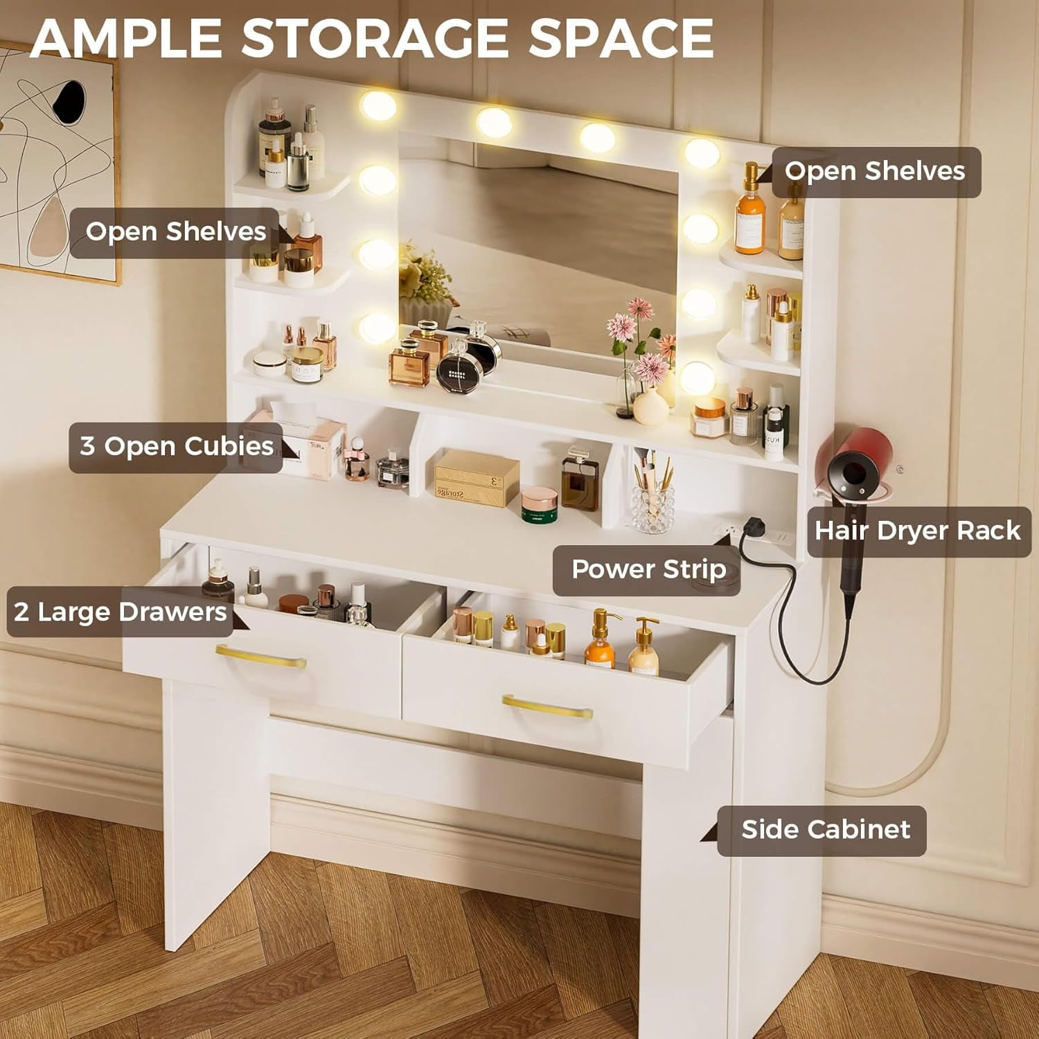 Vanity Desk with Lighted Mirror and Power Outlet, RGB LED Lights Makeup Vanity Set for Girls, Large Storage Capacity Dressing Table for Bedroom, 3 Lighting Modes Adjustable Brightness, White