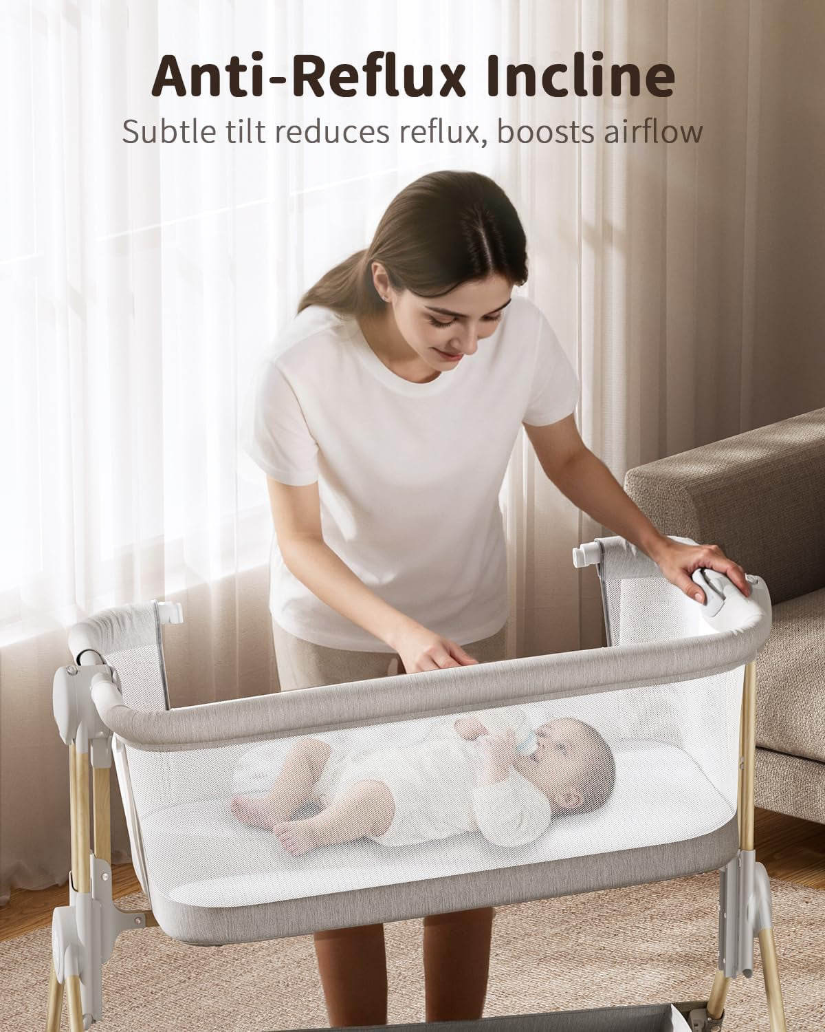 Baby Bassinet, 3-In-1 Bedside Bassinet for Baby, One-Touch Foldable Baby Crib for Newborn with Full-Mesh Sides & Adjustable Height, Mattress & Storage Bag
