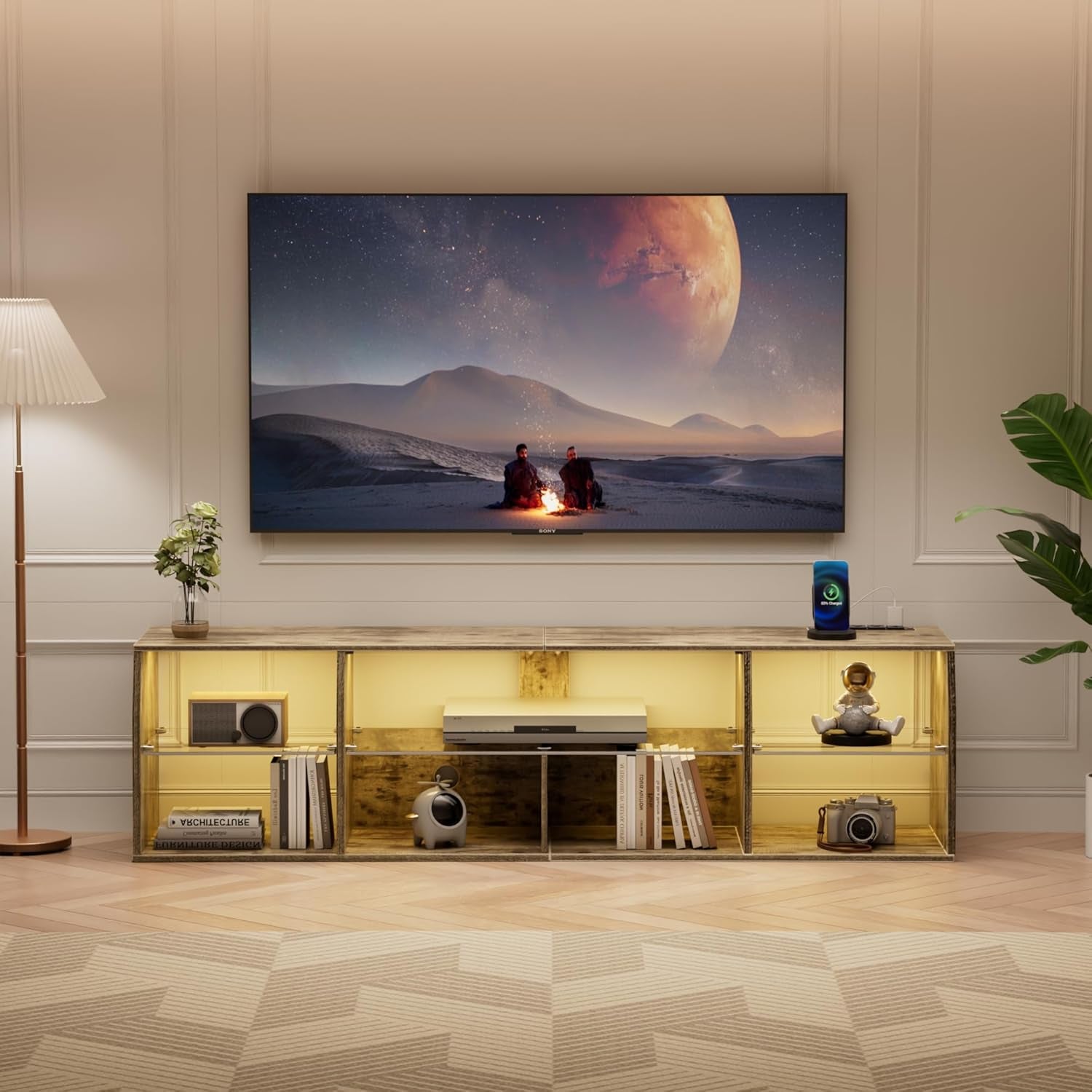 LED TV Stand for 65 Inch Entertainment Center with Power Outlets, Industrial Television Cabinet with 7 Open Storage Shelves, for Living Room and Bedroom, Light Brown, 65Inch