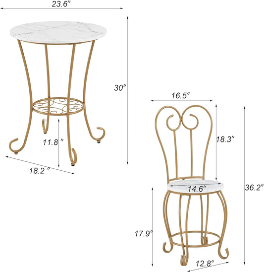 2-Piece Bistro Dining Set for Indoor Use, Marble-Look Tabletop with Gold Metal Frame, Vintage French Café Style round Table and Chairs for Kitchen, Breakfast Nook, Small Apartment (Gold)