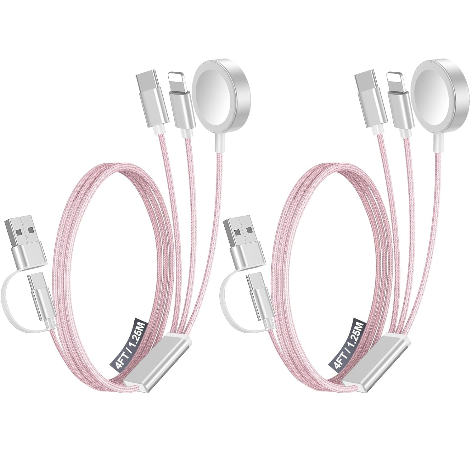 2Pack Multi Fast Charging Cable for Travel Vacation Essentials,Apple Watch Charger,Iphone Charger[3-In-2] USB A/Type C/Lightning Cable for Iwatch,Iphone 16-11,Nintendo Switch,Airpods,Car,Camping-Pink