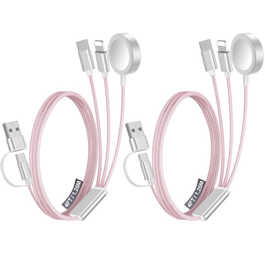 2Pack Multi Fast Charging Cable for Travel Vacation Essentials,Apple Watch Charger,Iphone Charger[3-In-2] USB A/Type C/Lightning Cable for Iwatch,Iphone 16-11,Nintendo Switch,Airpods,Car,Camping-Pink