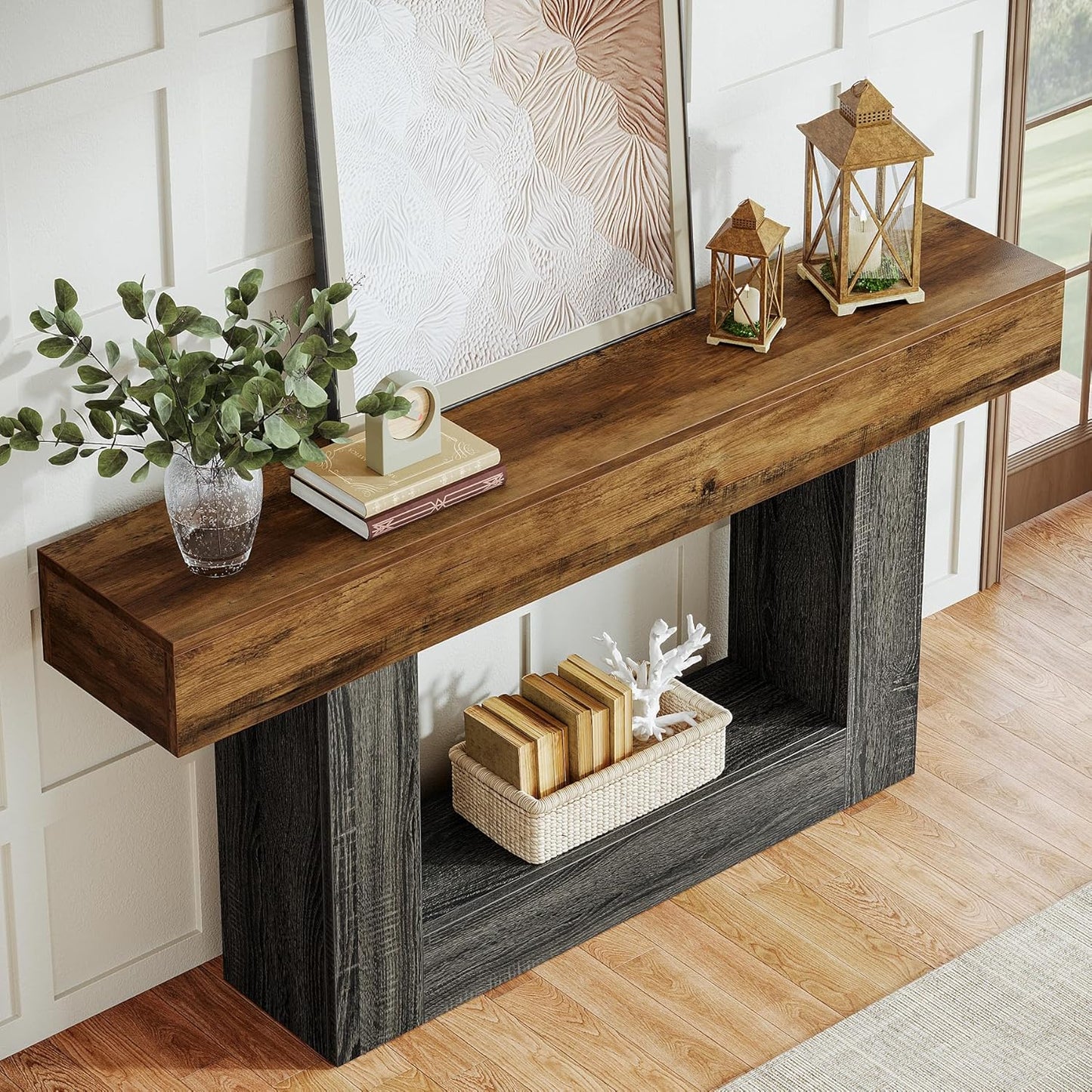 63-Inch Long Console Table, 2-Tier Entryway Table Sofa Table with Storage, Farmhouse Wood behind Couch Tables for Living Room, Hallway, Rustic Brown & Gray