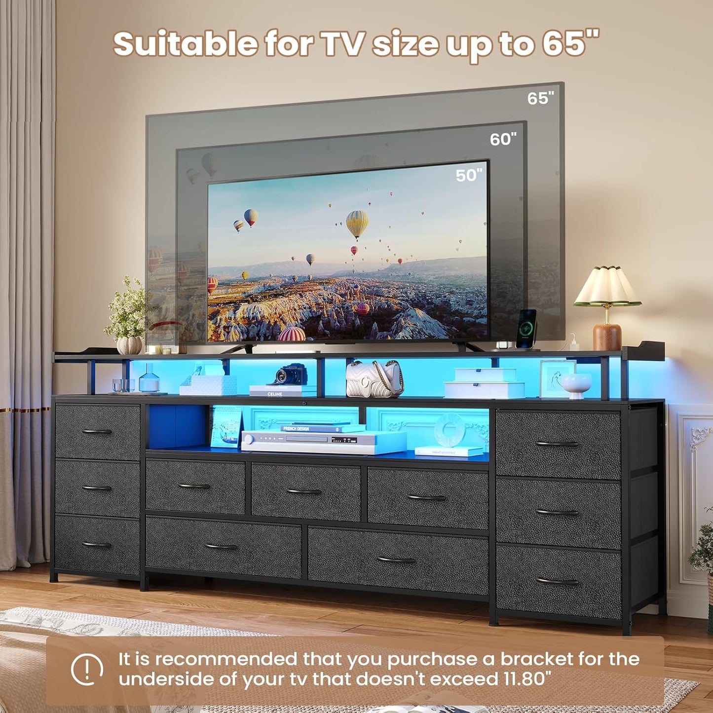 TV Stand for 65 Inch TV, 63" W TV Console Table with LED Lights & Charging Station, Long Dresser with 11 PU Drawers, Large Entertainment Center with Shelves for Bedroom,Black