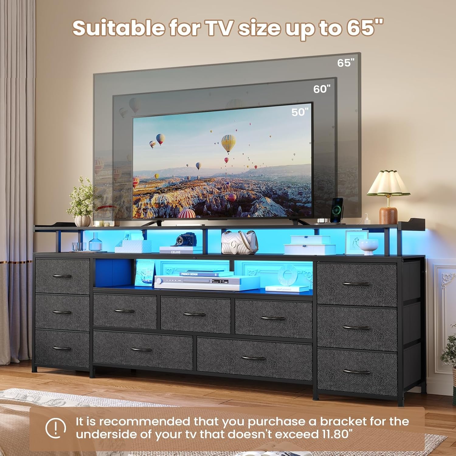 TV Stand for 65 Inch TV, 63" W TV Console Table with LED Lights & Charging Station, Long Dresser with 11 PU Drawers, Large Entertainment Center with Shelves for Bedroom,Black