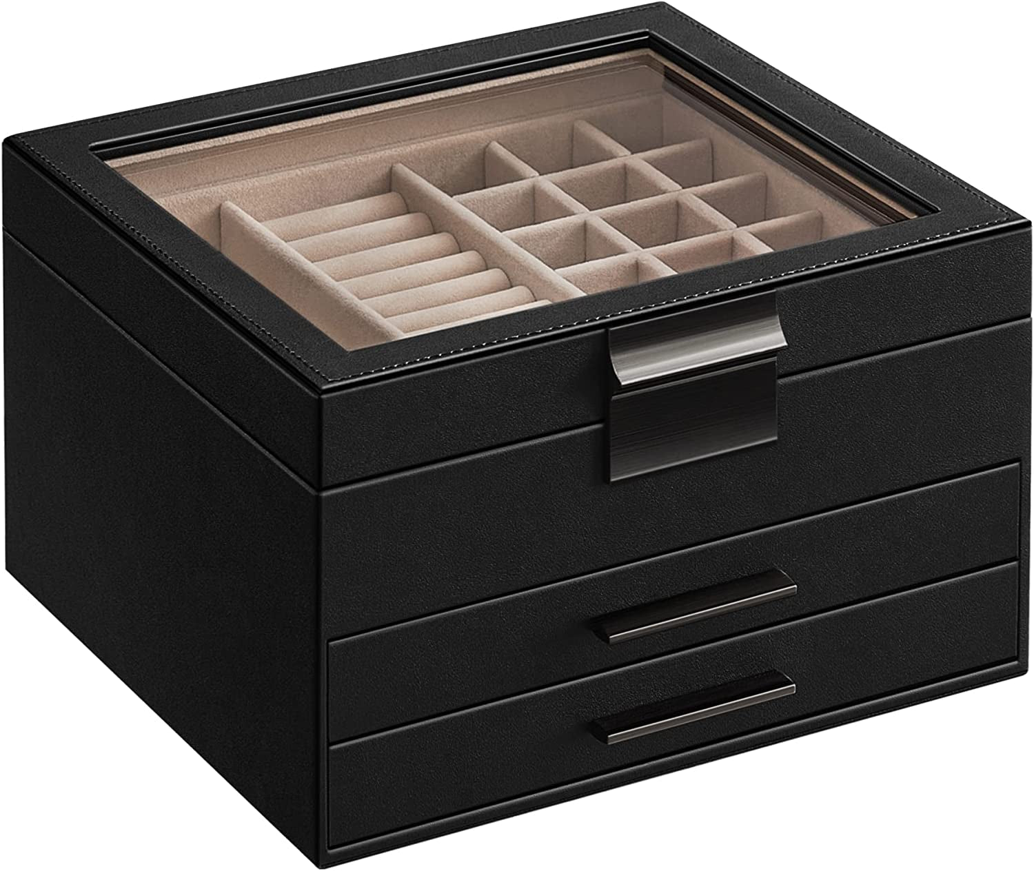 Jewelry Box Bundle, 2 Jewelry Organizers with Glass Lids, 2 Drawers Each, for Loved Ones, Black and White UJBC239BK and UJBC239WT