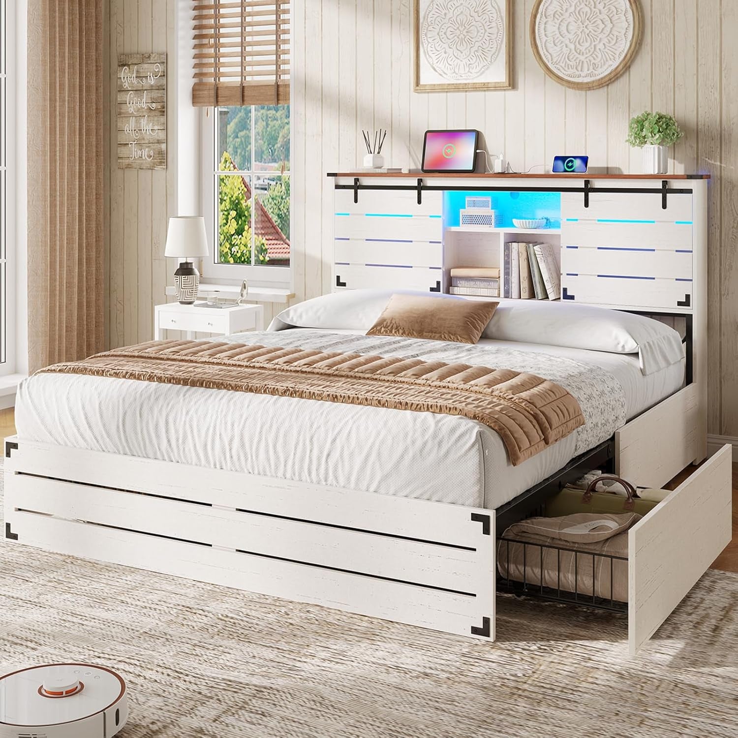Wooden Bed Frame Queen Size with Bookcase Headboard and Sliding Barn Door, Farmhouse Queen Bed Frame with Charging Station, LED Lights and 4 Storage Drawers, No Box Spring Needed, White