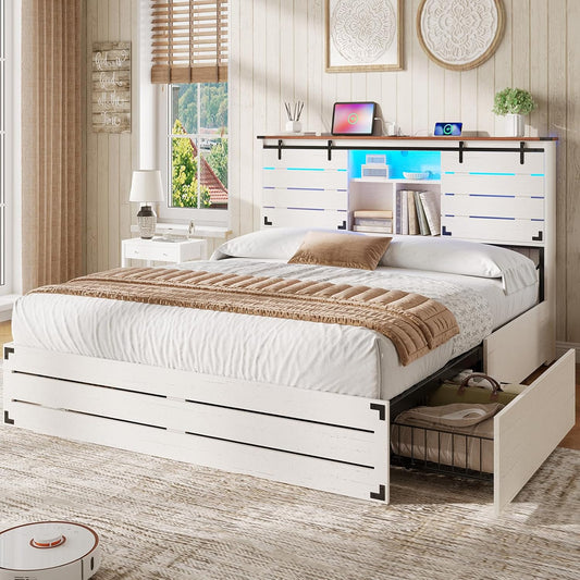 Wooden Bed Frame Queen Size with Bookcase Headboard and Sliding Barn Door, Farmhouse Queen Bed Frame with Charging Station, LED Lights and 4 Storage Drawers, No Box Spring Needed, White