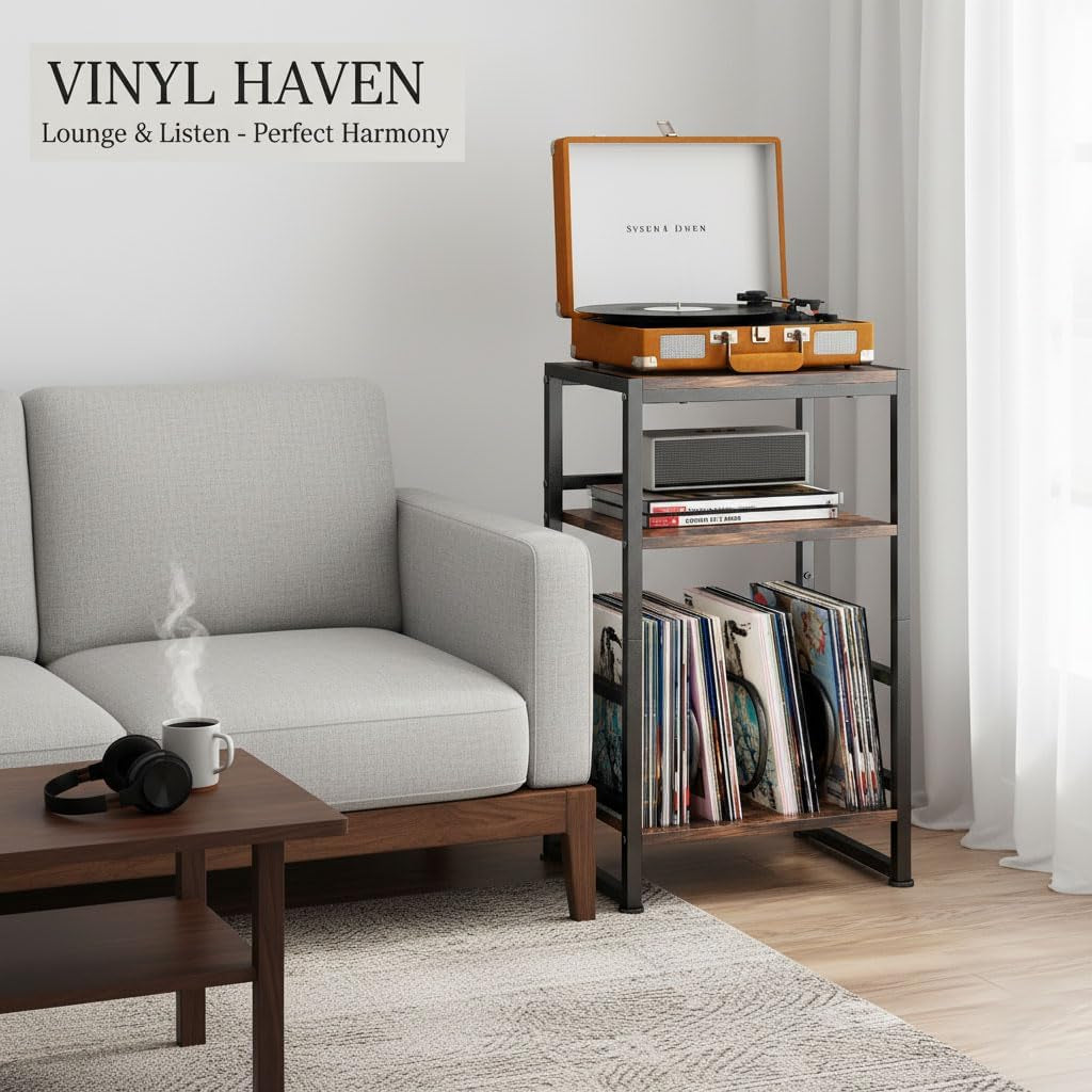 Record Player Stand,3-Tier Record Player Table with U-Shaped Vinyl Storage up to 120 Albums,28" H End Table Turntable Stand with Storage,Record Table Vinyl for Living Room Bedroom