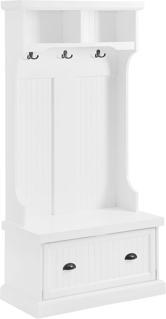 Shoreline Hall Tree with Storage Cabinets and Coat Rack Hooks for Hanging, White