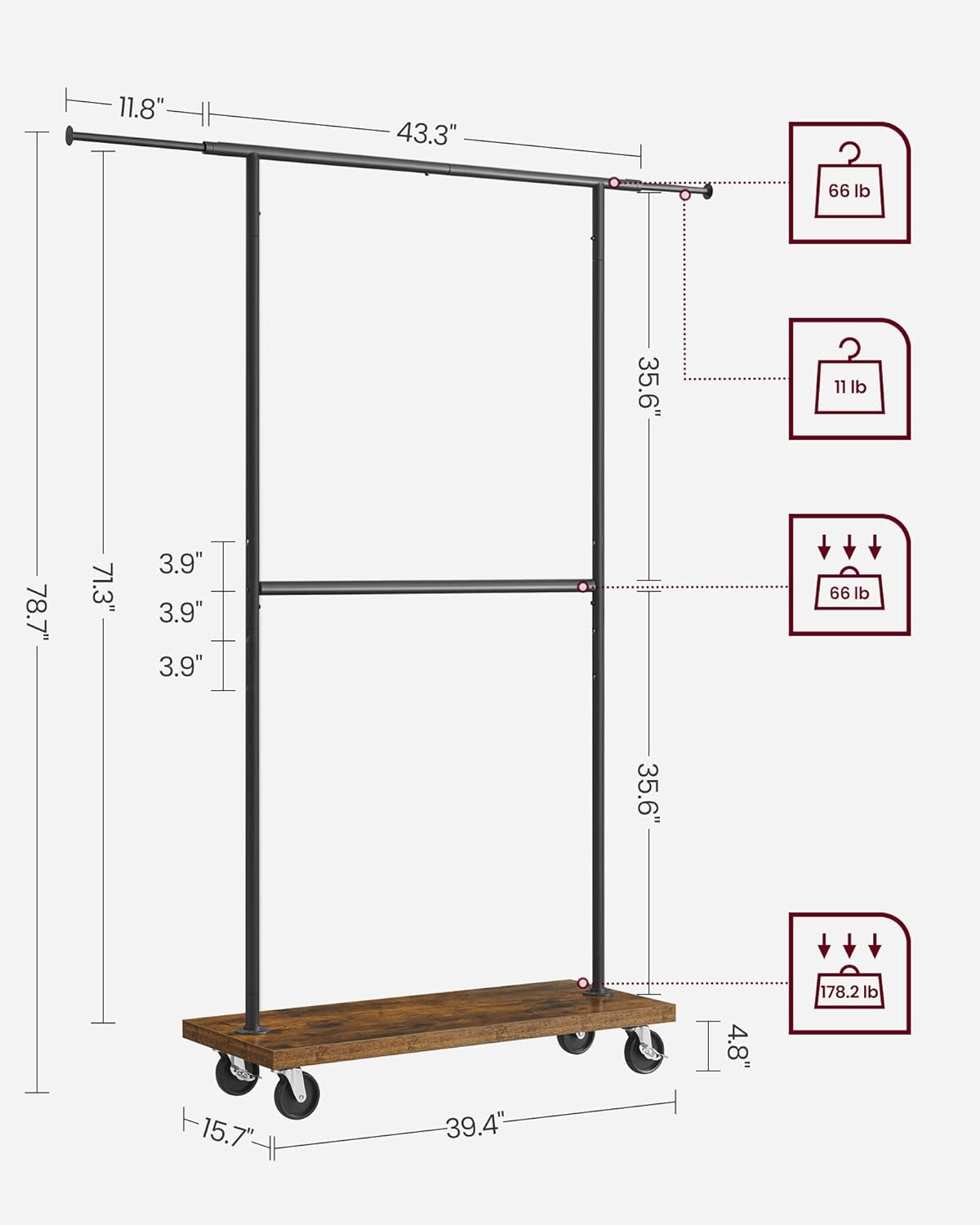 Clothes Rack, Clothing Rack with Wheels, 43.3-66.9 Inch Extendable Bar, Height-Adjustable Garment Rack, 332 Lb Load, 2 Brakes, Heavy-Duty, Industrial, Rustic Brown and Black URGR111B01V1