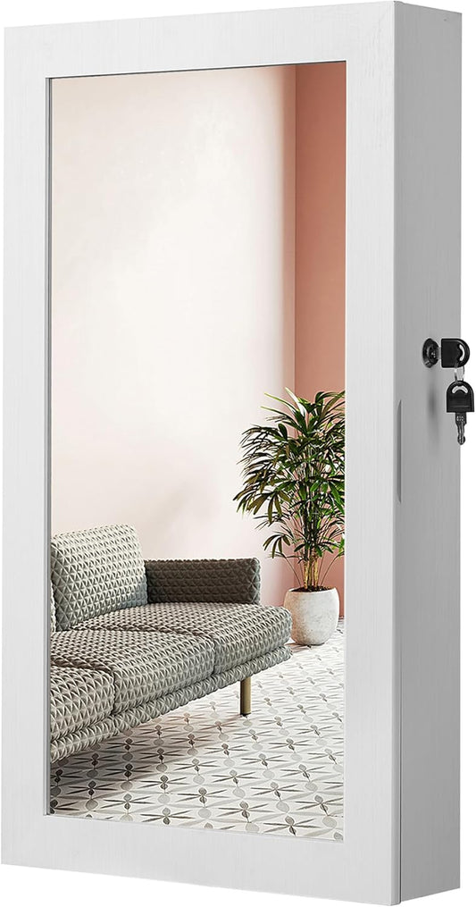 Lockable Jewelry Cabinet Armoire with Mirror, Wall-Mounted Space Saving Jewelry Storage Organizer, White UJJC51WT