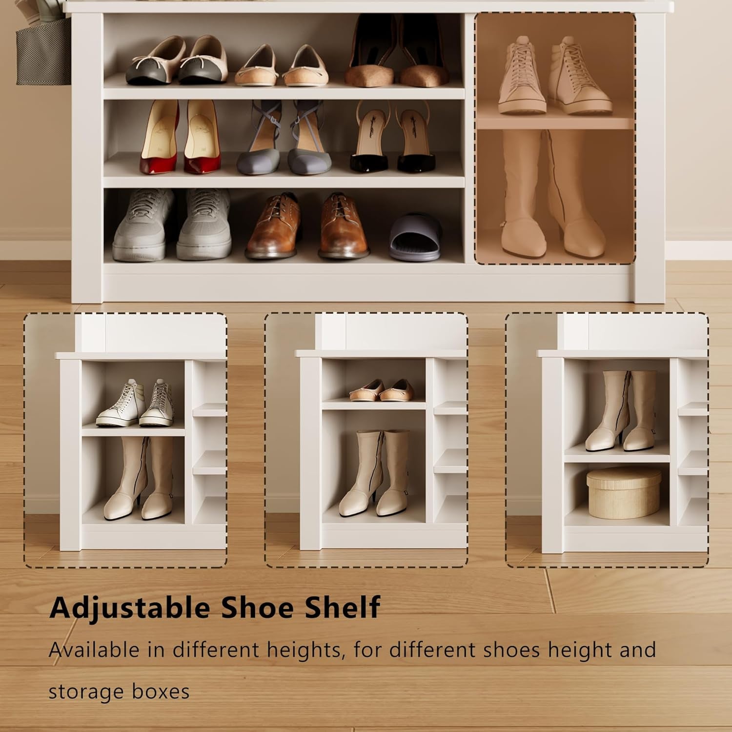 Hall Tree with Bench and Shoe Storage, 3-In-1 Entryway Hall Tree, with Adjustable Shoe Storage, for Entryway, Hallway, White