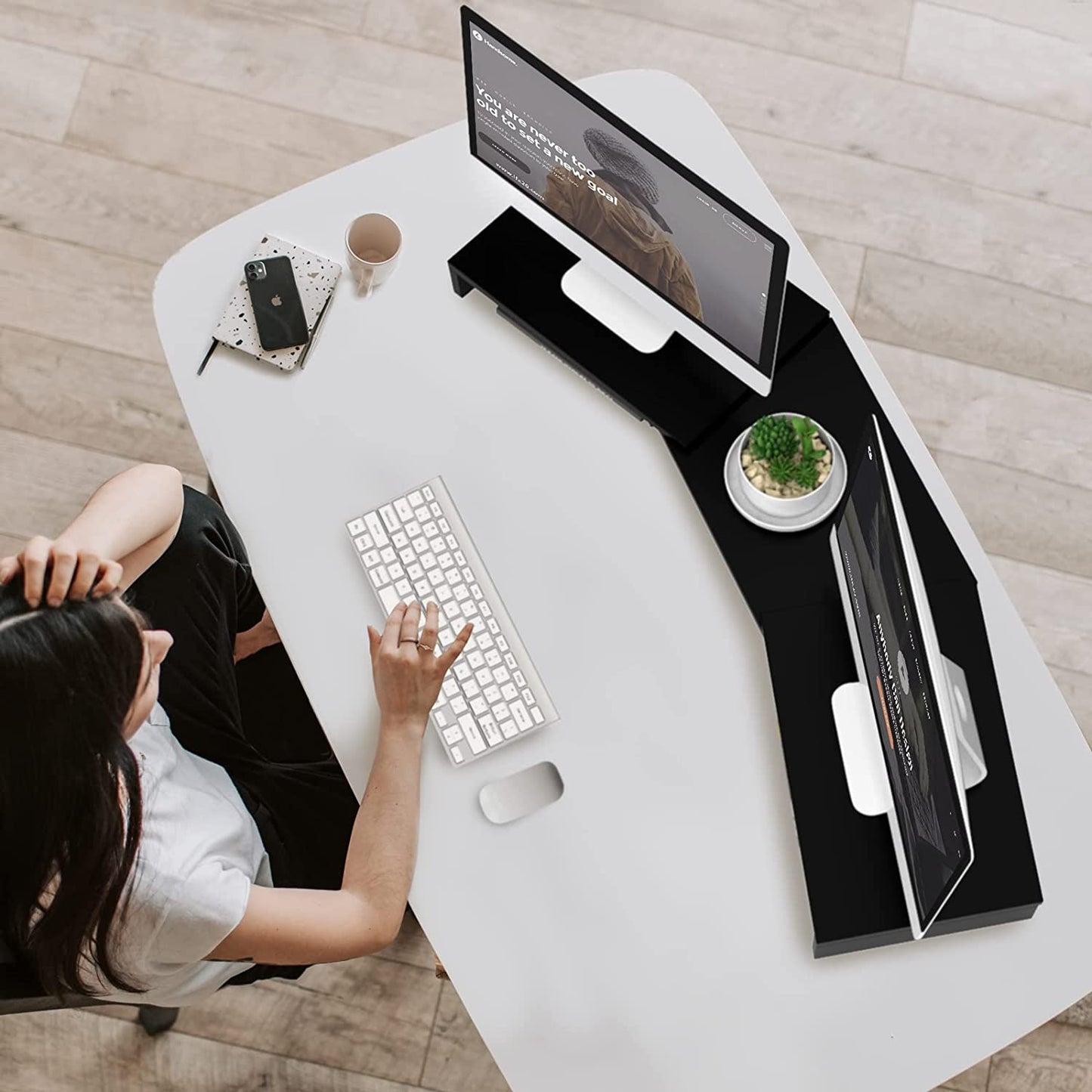 TAVR Dual Monitor Stand Riser Office Desktop Organizer Stand for 2 Monitors, Adjustable Length and Angle 3 Shelf, Extra Long Multifunctional Stand up to 43.3" Fit Computer, Laptop, TV, Black