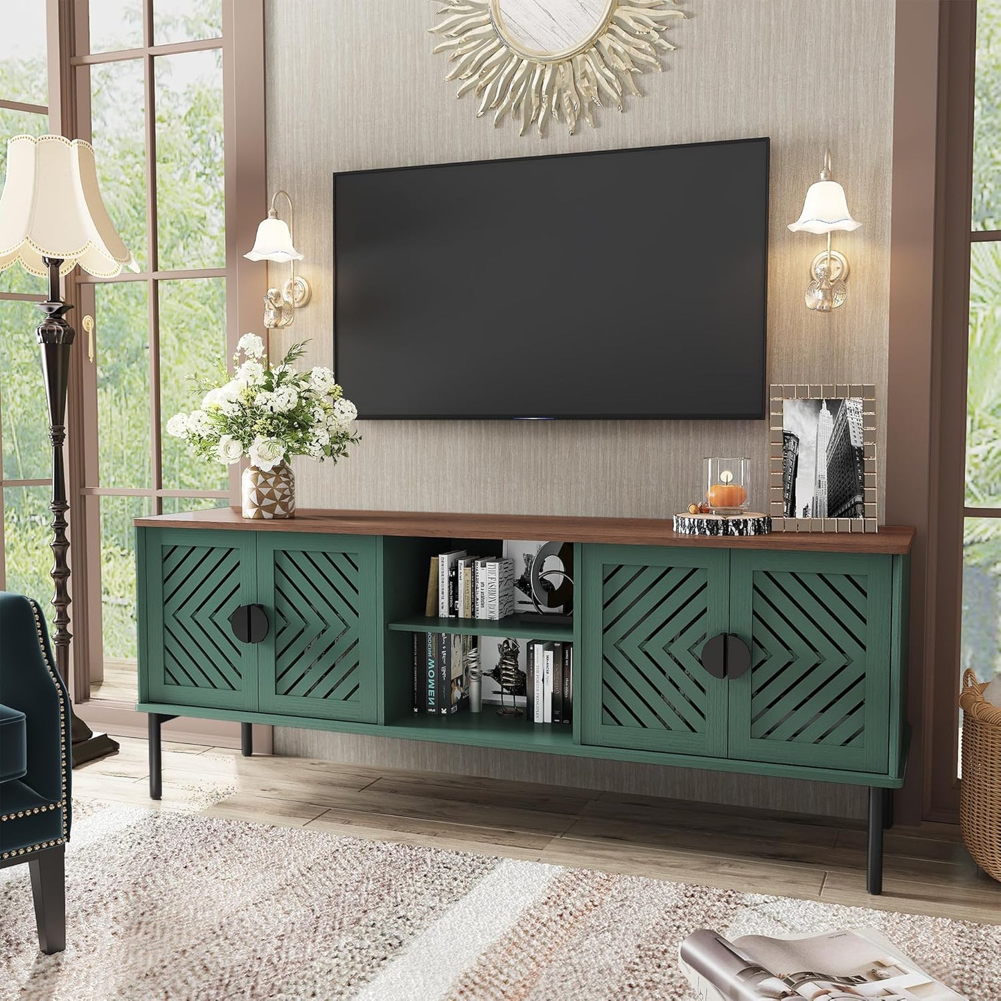 63" Modern TV Stands for Living Room, Long Entertainment Center with Storage, TV Console for 55 60 65 70 Inch TV, Bedroom TV Cabinet with Doors, Wood Media Console, Television Stand, Green