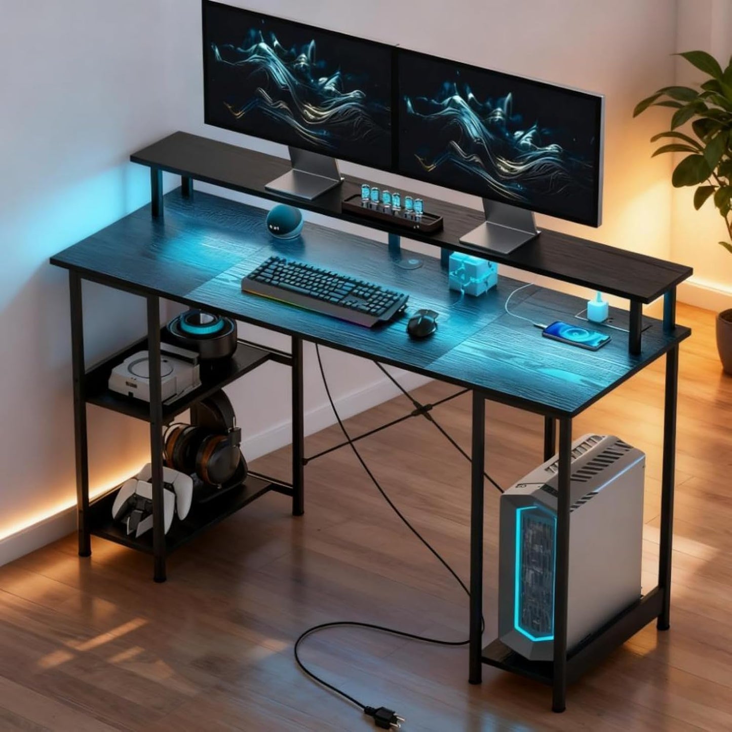 Modern PC Laptop Desk with Storage, Reversible Design Computer Gaming Table with Built-In Charging Station and Personalized Lighting, Assembly Required