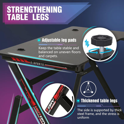 Gaming Desk 47 Inch, Ergonomic Gamer Computer Desk with Mouse Pad, K Shaped PC Gaming Tables with Cup Holder Headphone Hook,Red