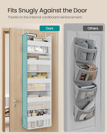 over the Door Organizer, Hanging Door Organizer with 5 Large Pockets, 5-Tier Fabric Storage, Transparent Nylon Mesh, Foldable, Metal Hooks, with Side Pouches, Cloud White URDH007W01