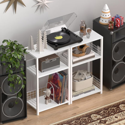 White Side Table with Storage, Small End Table Printer Stand for Small Spaces, Record Player Stand with Vinyl Storage, Sofa Night Stands for Living Room Bedroom
