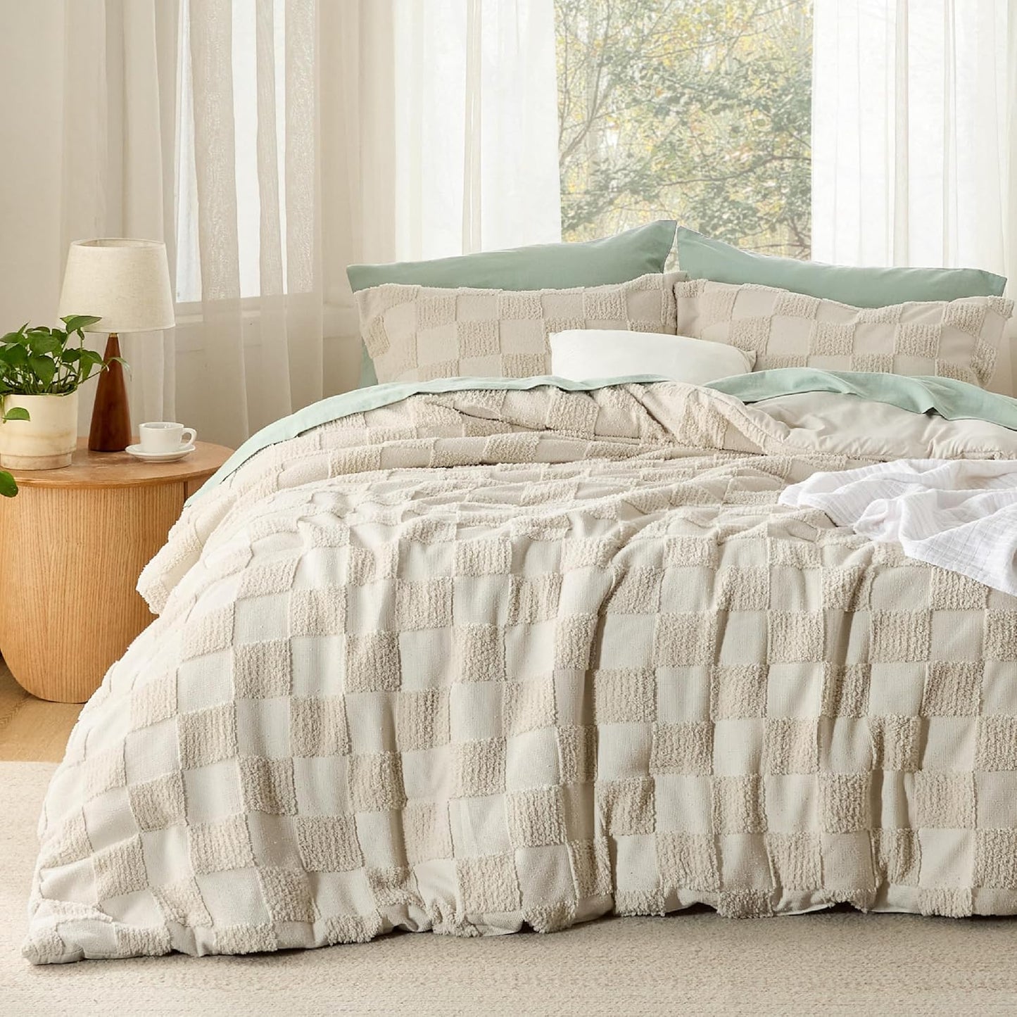 King Size Comforter Set Beige, Boho Tufted Bed Set, Checkered Farmhouse Shabby Chic Bedding, 3 Pieces, 1 Plaid Geometric Comforter and 2 Pillow Shams