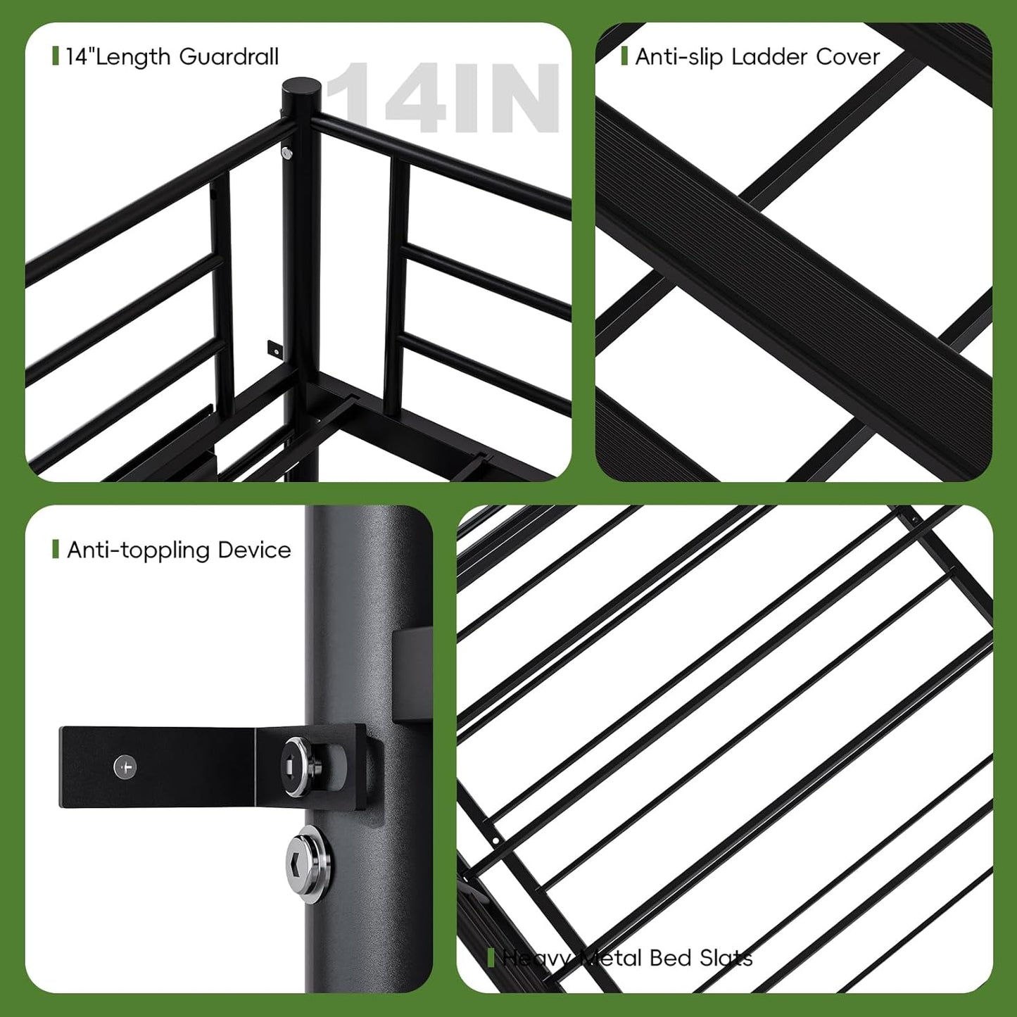 Bunk Bed Twin over Twin,Metal Bunk Beds with Power Outlet and LED Lights,Heavy-Duty Safety Rails Ladder,Space-Saving Design with Storage Hooks,440Lbs Capacity for Adults,Black