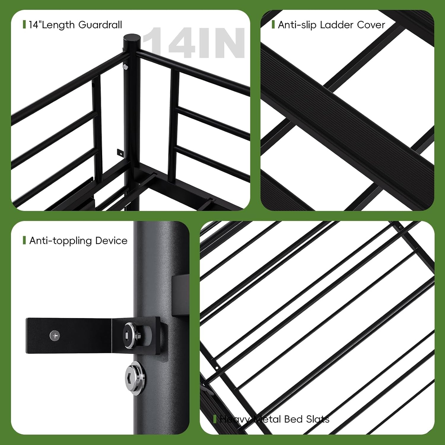 Bunk Bed Twin over Twin,Metal Bunk Beds with Power Outlet and LED Lights,Heavy-Duty Safety Rails Ladder,Space-Saving Design with Storage Hooks,440Lbs Capacity for Adults,Black