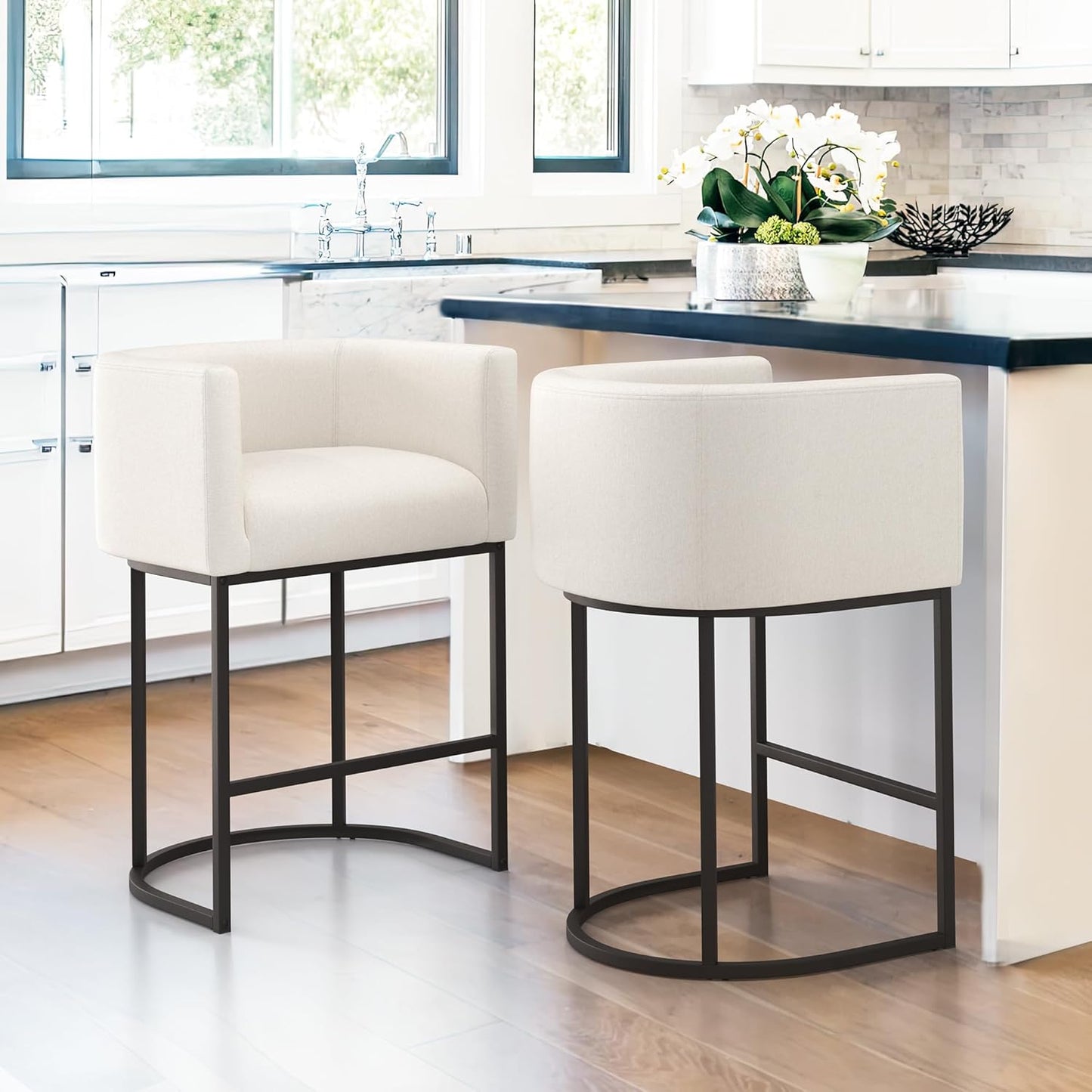 27" H Counter Height Bar Stools Set of 2, Modern Barrel Counter Stools with Backrest and Arms, Black Metal Frames, Linen Fabric Upholstered Accent Barstools for Kitchen Island, Beige