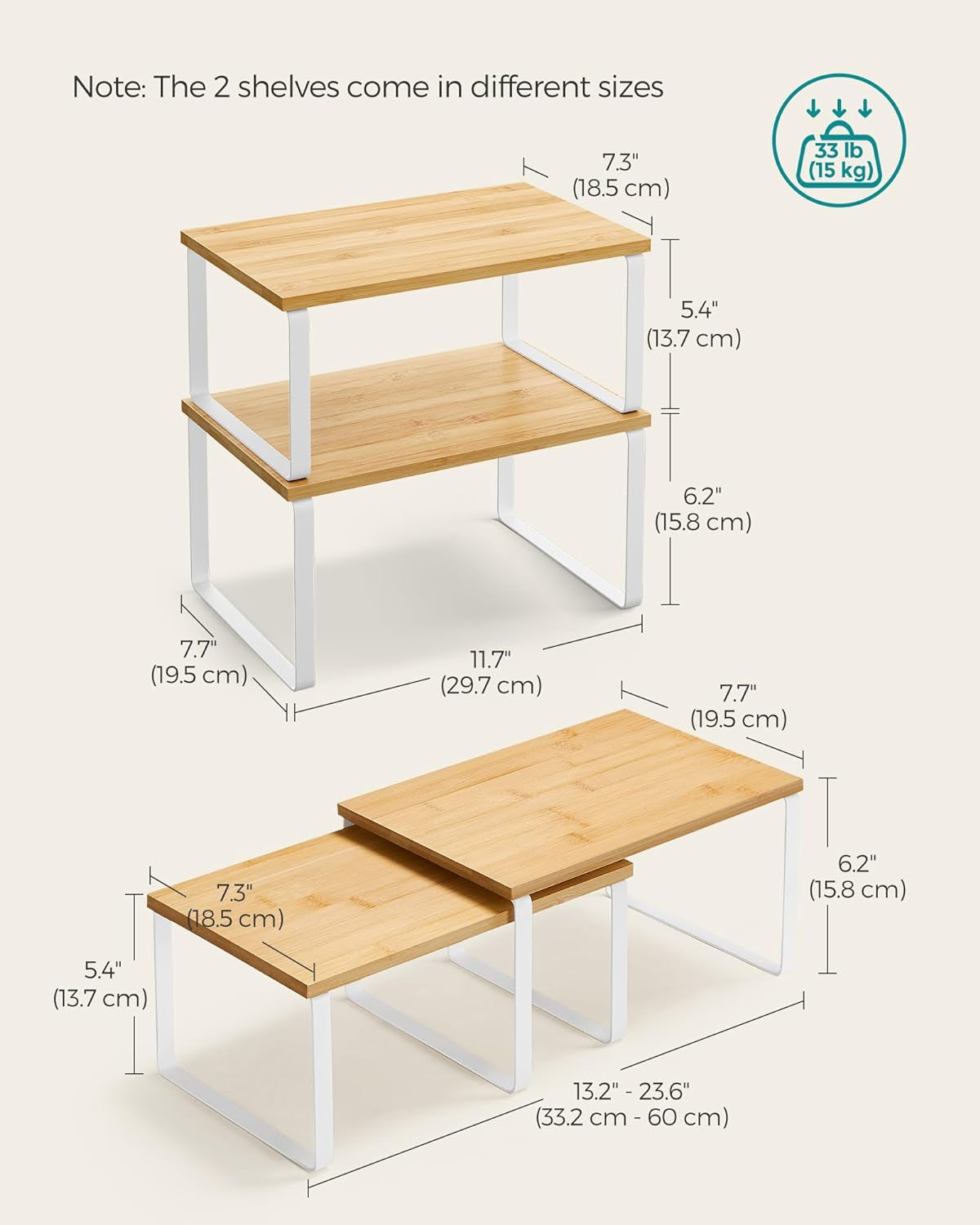 Cabinet Organizer Shelf, Set of 4 Kitchen Counter Shelves, Kitchen Storage, Spice Rack, Stackable, Expandable, Metal and Engineered Wood, Cloud White and Natural Beige UKCS010N01