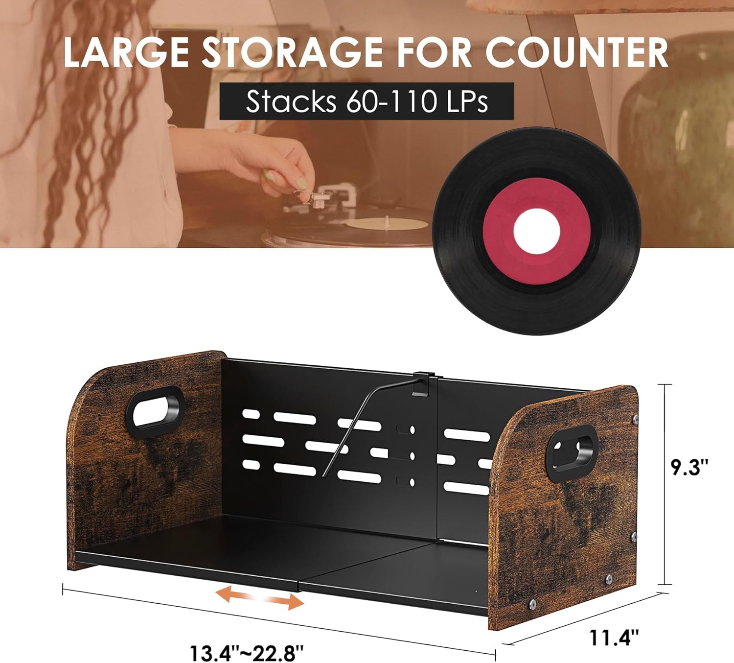 Vinyl Record Storage Holder, Expandable Record Holder Rack with Movable Divider, 110 LP Album Display Shelf Stand, Magazine Holder (Rustic Brown, 1-Tier)