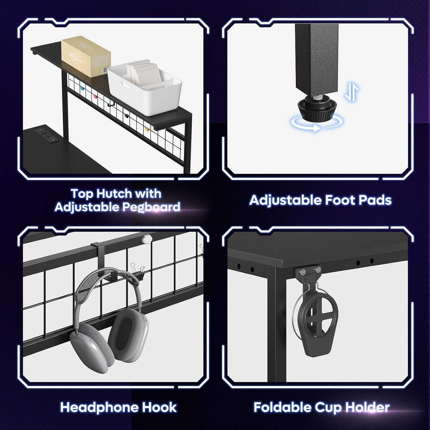 42 L Gaming Desk,Computer Desk with Power Outlets, LED Lights, Reversible Corner Desk with 4-Tier Shelves,Cup Holder & Hook Carbon Fiber Black