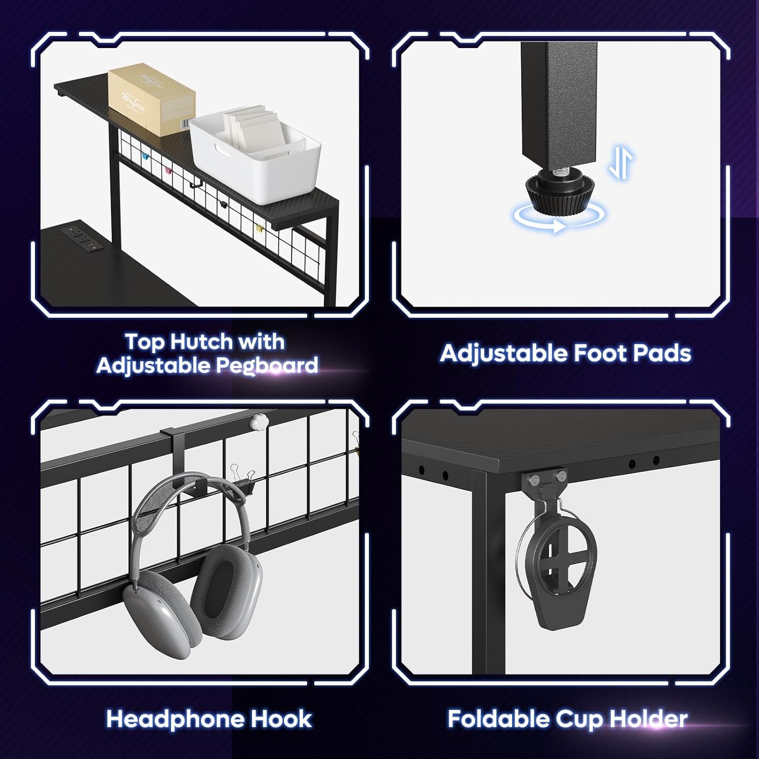 42 L Gaming Desk,Computer Desk with Power Outlets, LED Lights, Reversible Corner Desk with 4-Tier Shelves,Cup Holder & Hook Carbon Fiber Black