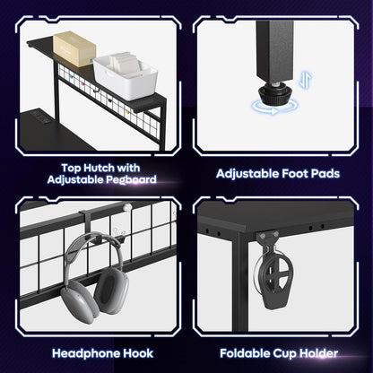 42 L Gaming Desk,Computer Desk with Power Outlets, LED Lights, Reversible Corner Desk with 4-Tier Shelves,Cup Holder & Hook Carbon Fiber Black