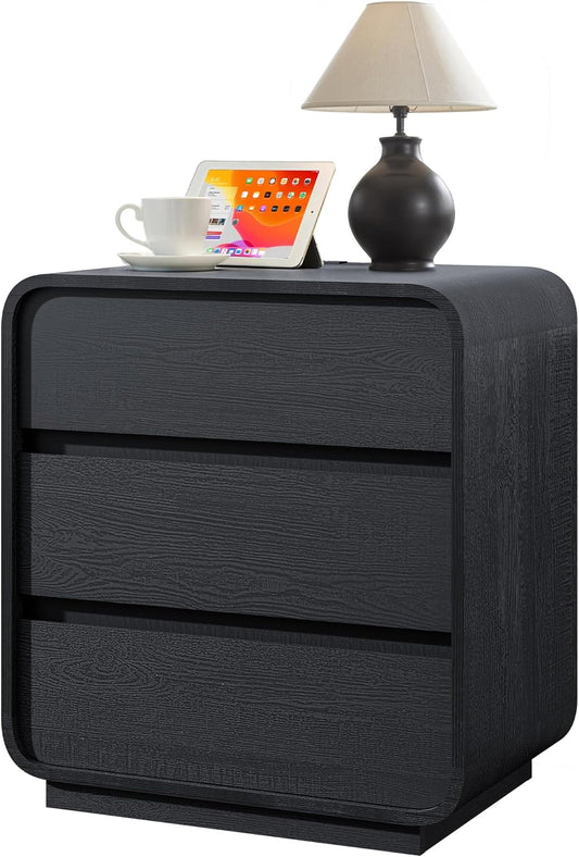 Black Night Stand with Charging Station, 25" Tall Wood Bedside Table, Modern End Table Dresser with 3 Storage Drawers, Curved Profile, Mid Century Nightstand for Bedroom Dorm Sofa Office