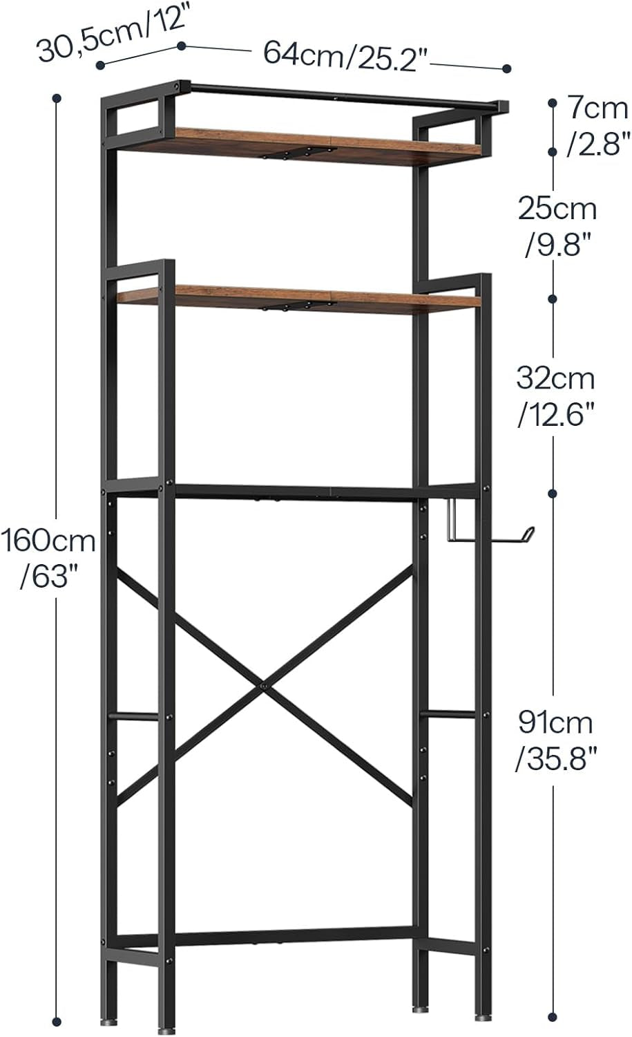 Over-The-Toilet Storage Rack, 3-Tier Bathroom Shelves above Toilet, Bathroom Organizer with Toilet Paper Hook, Laundry Room, Space Saver, Rustic Brown and Black BF21TS01