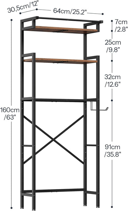 Over-The-Toilet Storage Rack, 3-Tier Bathroom Shelves above Toilet, Bathroom Organizer with Toilet Paper Hook, Laundry Room, Space Saver, Rustic Brown and Black BF21TS01