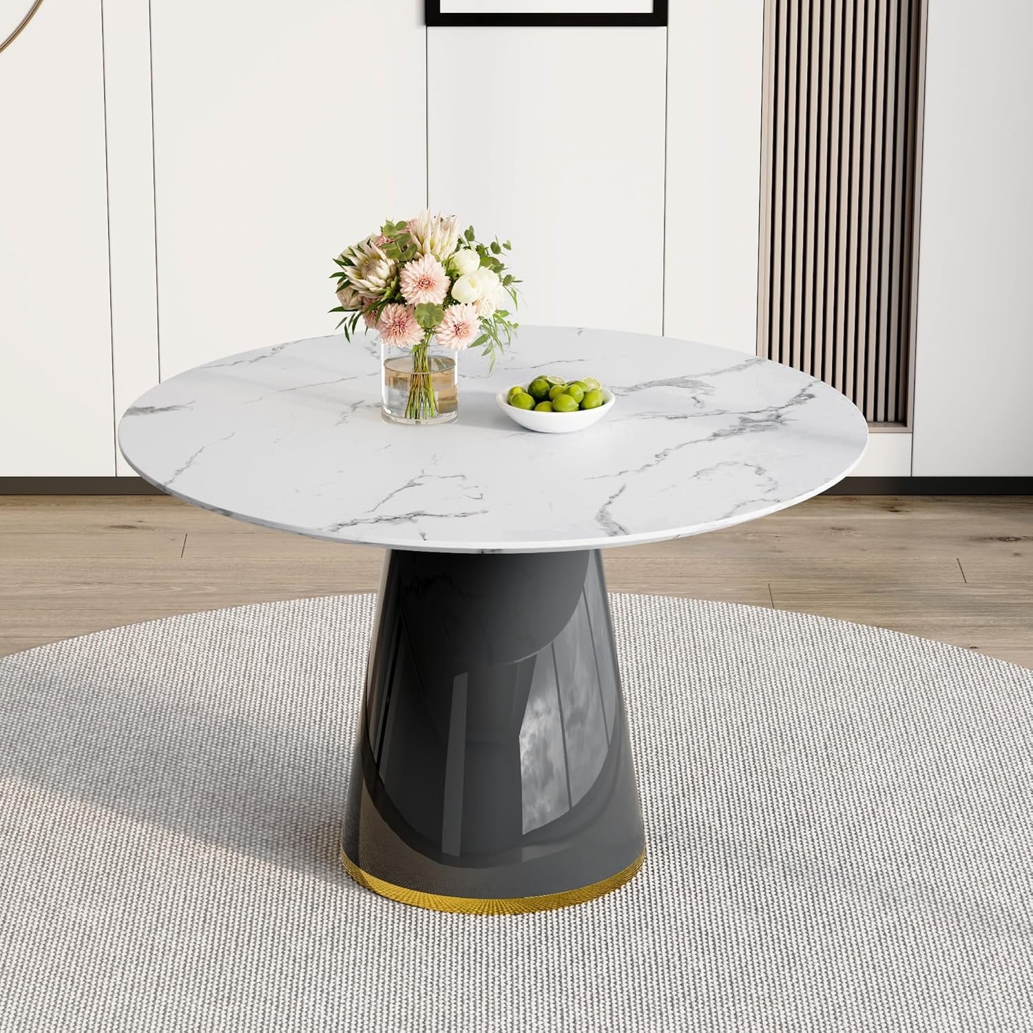 Round Dining Table,45''Faux Marble Dining Table for 4-6,Modern Kitchen Table with Stable Base,Space Saving Dinner Table for Kitchen,Apartment,Study.(White&Black)