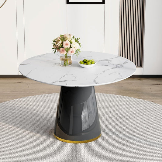 Round Dining Table,45''Faux Marble Dining Table for 4-6,Modern Kitchen Table with Stable Base,Space Saving Dinner Table for Kitchen,Apartment,Study.(White&Black)